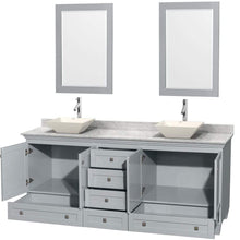 Load image into Gallery viewer, Wyndham Collection Vanity Wyndham Collection WCV800080DOYCMD2BM24 Acclaim 80 Inch Double Bathroom Vanity in Oyster Gray, White Carrara Marble Countertop, Pyra Bone Porcelain Sinks, and 24 Inch Mirrors