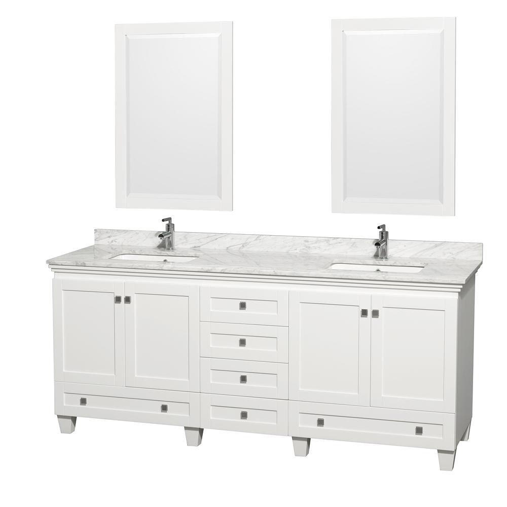 Wyndham Collection Vanity Wyndham Collection WCV800080DWHCMUNSM24 Acclaim 80 Inch Double Bathroom Vanity in White, White Carrara Marble Countertop, Undermount Square Sinks, and 24 Inch Mirrors