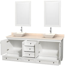 Load image into Gallery viewer, Wyndham Collection Vanity Wyndham Collection WCV800080DWHIVD2BM24 Acclaim 80 Inch Double Bathroom Vanity in White, Ivory Marble Countertop, Pyra Bone Porcelain Sinks, and 24 Inch Mirrors