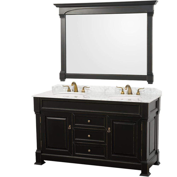 Wyndham Collection Vanity Wyndham Collection WCVTD60BLCW Andover 60 Inch Double Bathroom Vanity in Black, White Carrara Marble Countertop, Undermount Oval Sinks, and 56 Inch Mirror