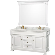 Load image into Gallery viewer, Wyndham Collection Vanity Wyndham Collection WCVTD60WHCW Andover 60 Inch Double Bathroom Vanity in White, White Carrara Marble Countertop, Undermount Oval Sinks, and 56 Inch Mirror