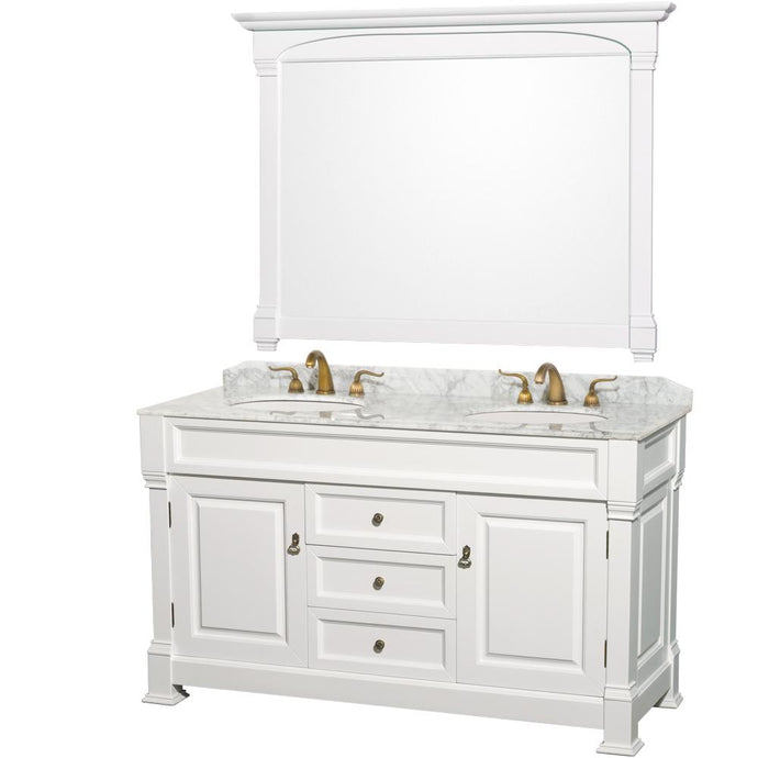 Wyndham Collection Vanity Wyndham Collection WCVTD60WHCW Andover 60 Inch Double Bathroom Vanity in White, White Carrara Marble Countertop, Undermount Oval Sinks, and 56 Inch Mirror