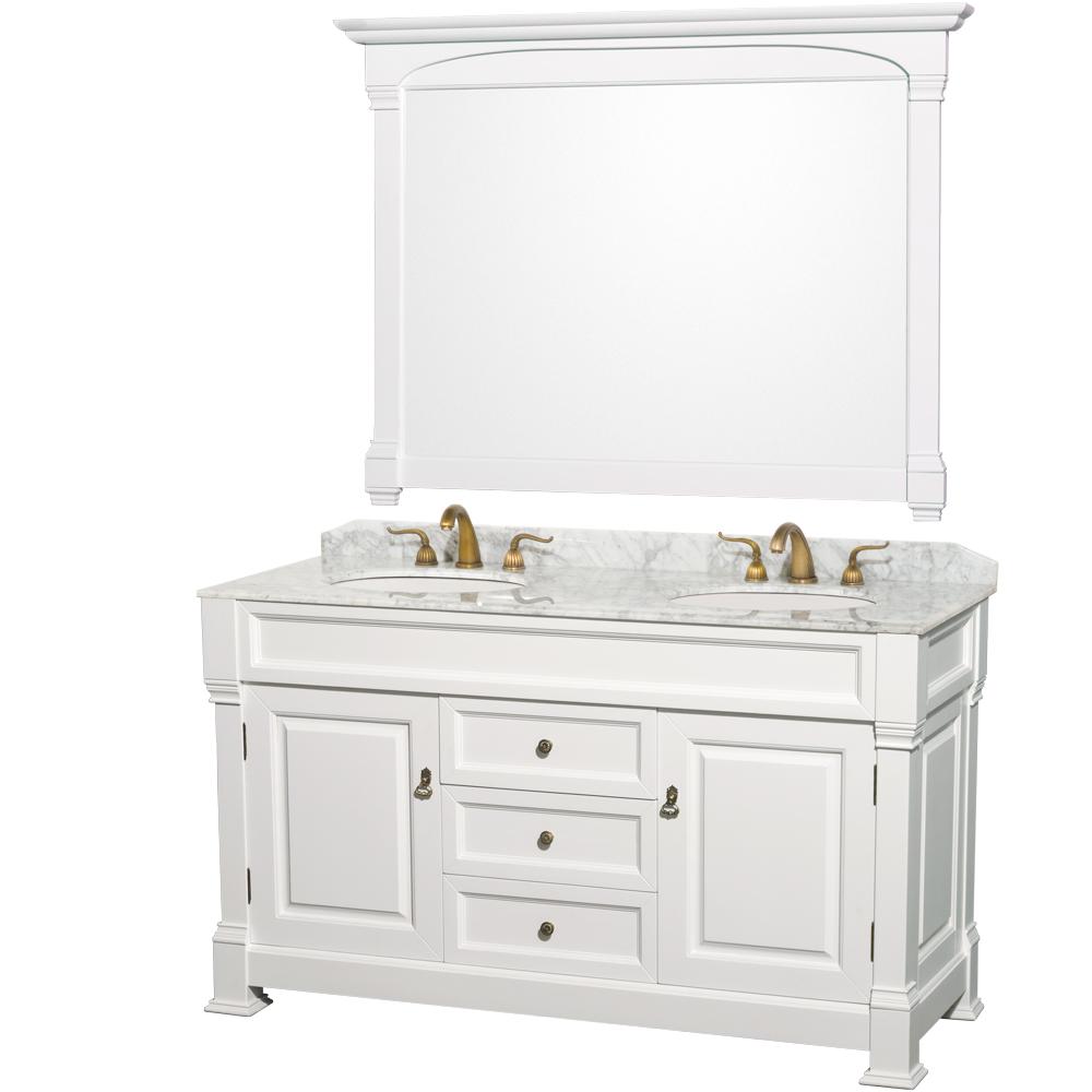 Wyndham Collection Vanity Wyndham Collection WCVTD60WHCW Andover 60 Inch Double Bathroom Vanity in White, White Carrara Marble Countertop, Undermount Oval Sinks, and 56 Inch Mirror