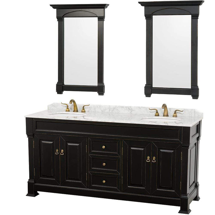 Wyndham Collection Vanity Wyndham Collection WCVTD72BLCW Andover 72 Inch Double Bathroom Vanity in Black, White Carrara Marble Countertop, Undermount Oval Sinks, and 28 Inch Mirrors