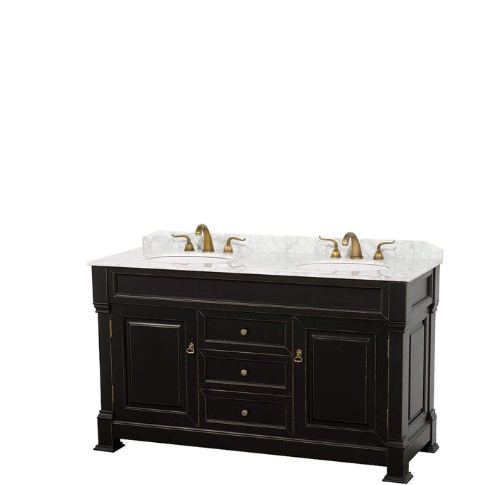 Wyndham Collection Vanity Wyndham Collection WCVTRAD60DBKCMUNOMXX Andover 60 Inch Double Bathroom Vanity in Black, White Carrara Marble Countertop, Undermount Oval Sinks, and No Mirror