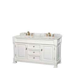 Load image into Gallery viewer, Wyndham Collection Vanity Wyndham Collection WCVTRAD60DWHCMUNOMXX Andover 60 Inch Double Bathroom Vanity in White, White Carrara Marble Countertop, Undermount Oval Sinks, and No Mirror