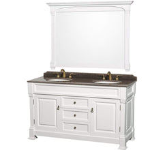 Load image into Gallery viewer, Wyndham Collection Vanity Wyndham Collection WCVTRAD60DWHIBUNOM56 Andover 60 Inch Double Bathroom Vanity in White, Imperial Brown Granite Countertop, Undermount Oval Sinks, and 56 Inch Mirror