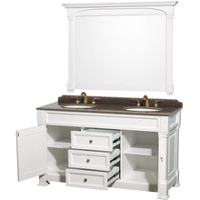 Load image into Gallery viewer, Wyndham Collection Vanity Wyndham Collection WCVTRAD60DWHIBUNOM56 Andover 60 Inch Double Bathroom Vanity in White, Imperial Brown Granite Countertop, Undermount Oval Sinks, and 56 Inch Mirror
