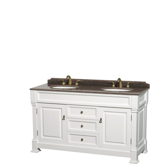 Wyndham Collection Vanity Wyndham Collection WCVTRAD60DWHIBUNOMXX Andover 60 Inch Double Bathroom Vanity in White, Imperial Brown Granite Countertop, Undermount Oval Sinks, and No Mirror