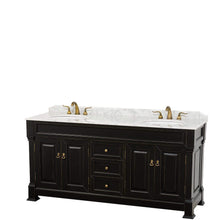 Load image into Gallery viewer, Wyndham Collection Vanity Wyndham Collection WCVTRAD72DBKCMUNOMXX Andover 72 Inch Double Bathroom Vanity in Black, White Carrara Marble Countertop, Undermount Oval Sinks, and No Mirror