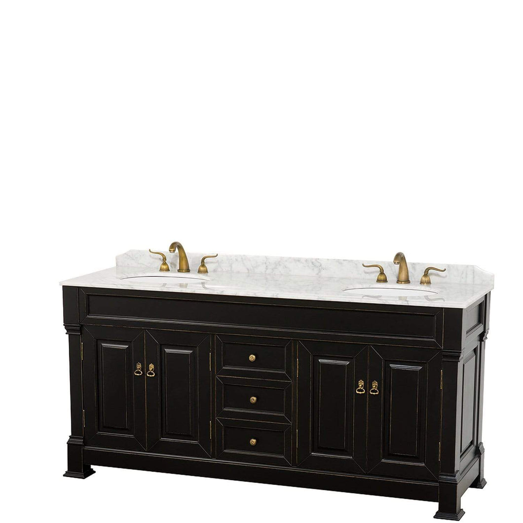 Wyndham Collection Vanity Wyndham Collection WCVTRAD72DBKCMUNOMXX Andover 72 Inch Double Bathroom Vanity in Black, White Carrara Marble Countertop, Undermount Oval Sinks, and No Mirror