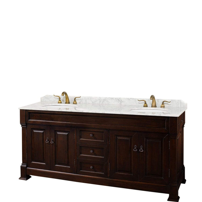 Wyndham Collection Vanity Wyndham Collection WCVTRAD72DDCCMUNOMXX Andover 72 Inch Double Bathroom Vanity in Dark Cherry, White Carrara Marble Countertop, Undermount Oval Sinks, and No Mirror