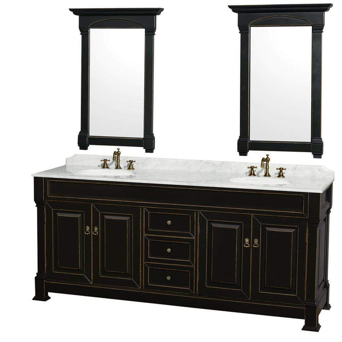 Wyndham Collection Vanity Wyndham Collection WCVTRAD80DBKCMUNDM28 Andover 80 Inch Double Bathroom Vanity in Black with White Carrara Marble Countertop, Undermount Oval Sinks, and 28 Inch Mirrors