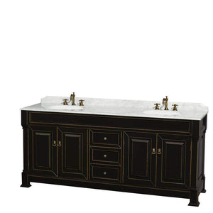 Wyndham Collection Vanity Wyndham Collection WCVTRAD80DBKCMUNDM28 Andover 80 Inch Double Bathroom Vanity in Black with White Carrara Marble Countertop, Undermount Oval Sinks, and 28 Inch Mirrors