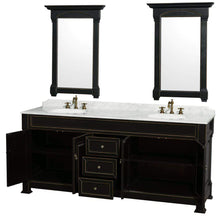Load image into Gallery viewer, Wyndham Collection Vanity Wyndham Collection WCVTRAD80DBKCMUNDM28 Andover 80 Inch Double Bathroom Vanity in Black with White Carrara Marble Countertop, Undermount Oval Sinks, and 28 Inch Mirrors