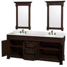 Load image into Gallery viewer, Wyndham Collection Vanity Wyndham Collection WCVTRAD80DDCCMUNDM28 Andover 80 Inch Double Bathroom Vanity in Dark Cherry with White Carrara Marble Countertop, Undermount Oval Sinks, and 28 Inch Mirrors