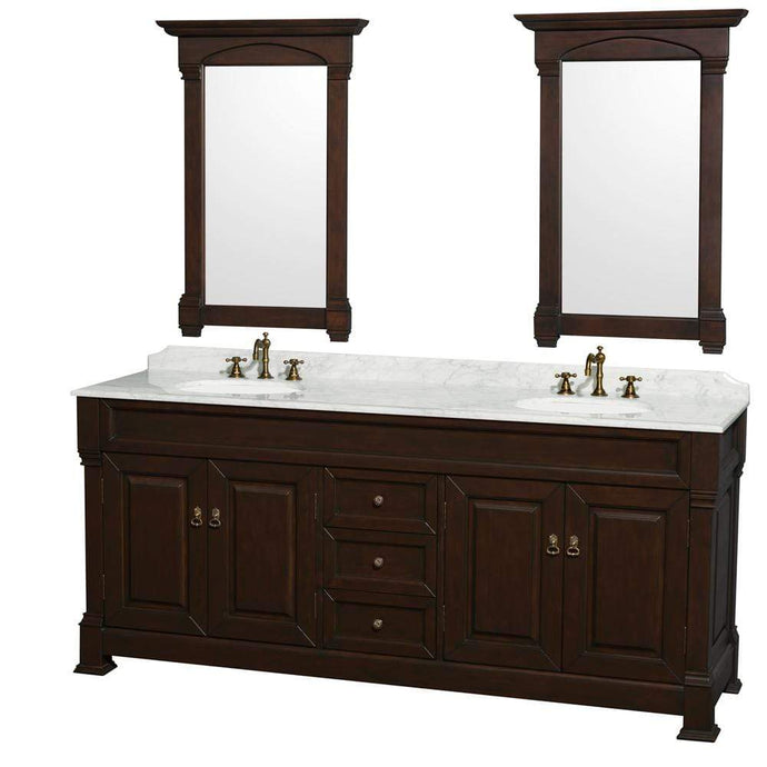 Wyndham Collection Vanity Wyndham Collection WCVTRAD80DDCCMUNDM28 Andover 80 Inch Double Bathroom Vanity in Dark Cherry with White Carrara Marble Countertop, Undermount Oval Sinks, and 28 Inch Mirrors