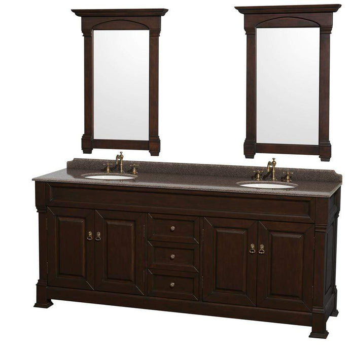 Wyndham Collection Vanity Wyndham Collection WCVTRAD80DDCIBUNOM28 Andover 80 Inch Double Bathroom Vanity in Dark Cherry, Imperial Brown Granite Countertop, Undermount Oval Sinks, and 28 Inch Mirrors