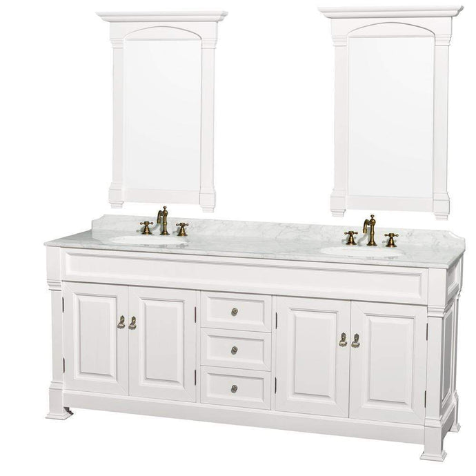 Wyndham Collection Vanity Wyndham Collection WCVTRAD80DWHCMUNDM28 Andover 80 Inch Double Bathroom Vanity in White with White Carrara Marble Countertop, Undermount Oval Sinks, and 28 Inch Mirrors