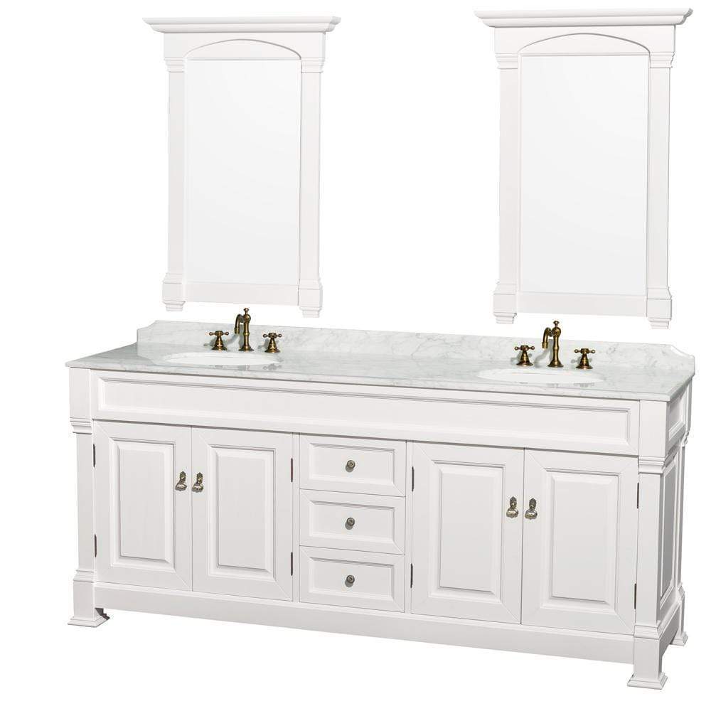 Wyndham Collection Vanity Wyndham Collection WCVTRAD80DWHCMUNDM28 Andover 80 Inch Double Bathroom Vanity in White with White Carrara Marble Countertop, Undermount Oval Sinks, and 28 Inch Mirrors