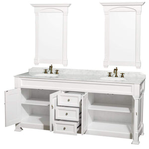 Wyndham Collection Vanity Wyndham Collection WCVTRAD80DWHCMUNDM28 Andover 80 Inch Double Bathroom Vanity in White with White Carrara Marble Countertop, Undermount Oval Sinks, and 28 Inch Mirrors