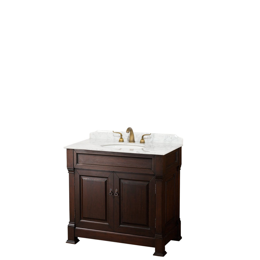 Wyndham Collection Vanity Wyndham Collection WCVTRAS36SDCCMUNOMXX Andover 36 Inch Single Bathroom Vanity in Dark Cherry, White Carrara Marble Countertop, Undermount Oval Sink, and No Mirror