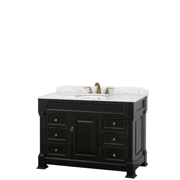 Wyndham Collection Vanity Wyndham Collection WCVTRAS48SBKCMUNOMXX Andover 48 Inch Single Bathroom Vanity in Black, White Carrara Marble Countertop, Undermount Oval Sink, and No Mirror