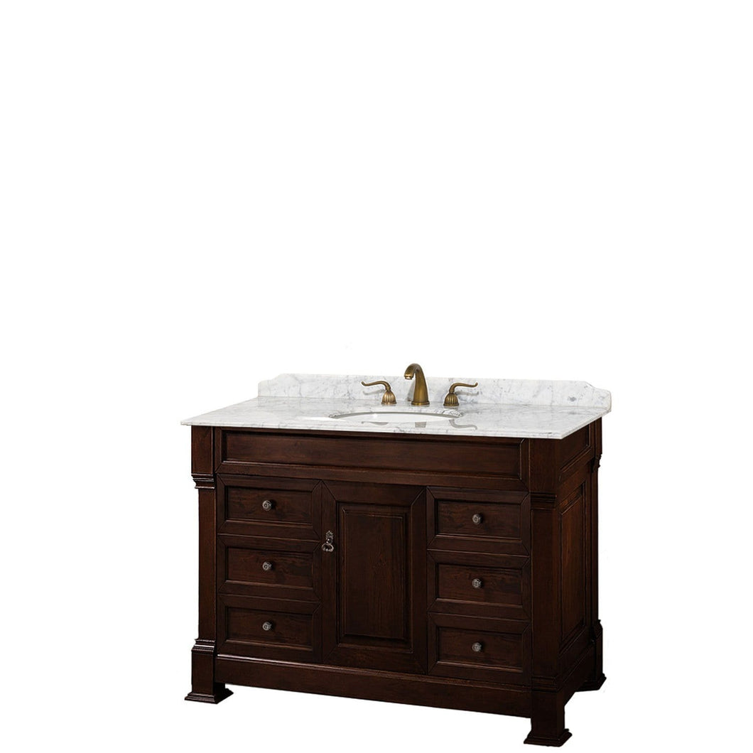 Wyndham Collection Vanity Wyndham Collection WCVTRAS48SDCCMUNOMXX Andover 48 Inch Single Bathroom Vanity in Dark Cherry, White Carrara Marble Countertop, Undermount Oval Sink, and No Mirror