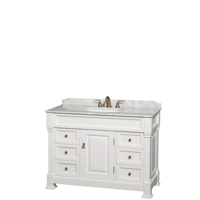 Wyndham Collection Vanity Wyndham Collection WCVTRAS48SWHCMUNOMXX Andover 48 Inch Single Bathroom Vanity in White, White Carrara Marble Countertop, Undermount Oval Sink, and No Mirror