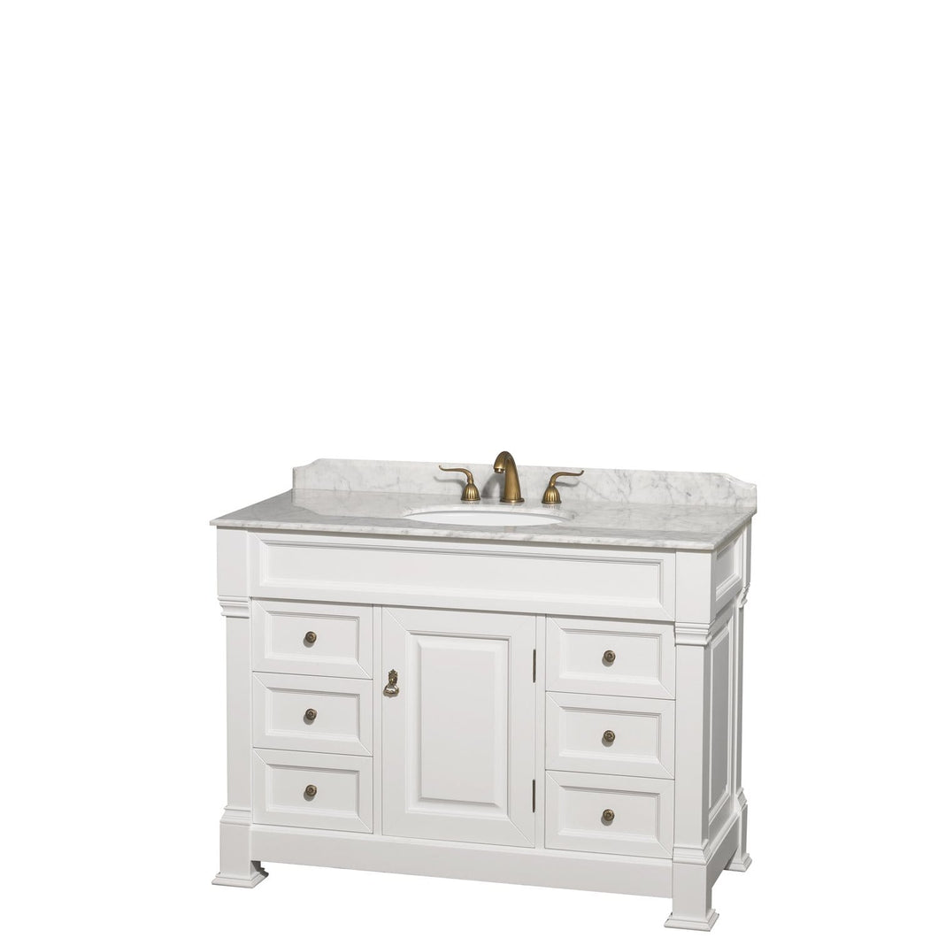 Wyndham Collection Vanity Wyndham Collection WCVTRAS48SWHCMUNOMXX Andover 48 Inch Single Bathroom Vanity in White, White Carrara Marble Countertop, Undermount Oval Sink, and No Mirror