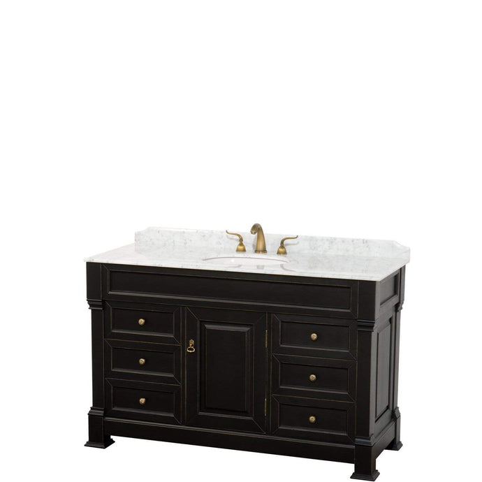 Wyndham Collection Vanity Wyndham Collection WCVTRAS55SBKCMUNOMXX Andover 55 Inch Single Bathroom Vanity in Black, White Carrara Marble Countertop, Undermount Oval Sink, and No Mirror