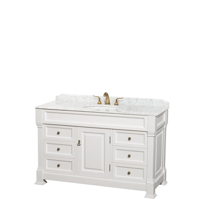 Wyndham Collection Vanity Wyndham Collection WCVTRAS55SWHCMUNOMXX Andover 55 Inch Single Bathroom Vanity in White, White Carrara Marble Countertop, Undermount Oval Sink, and No Mirror