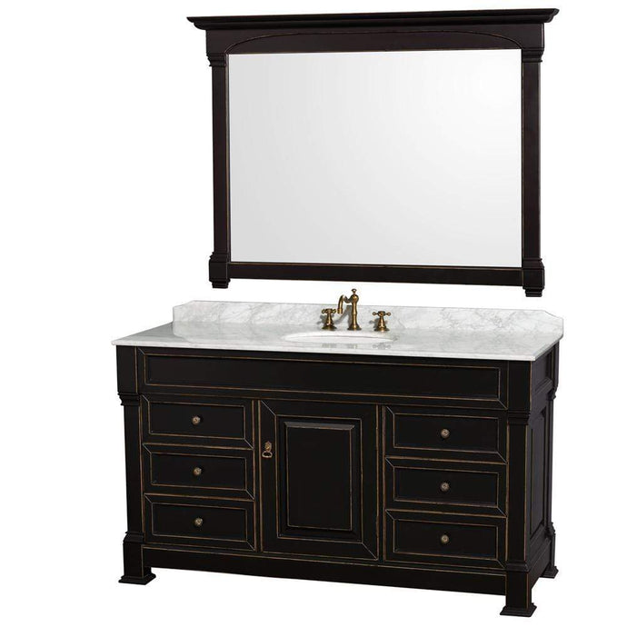 Wyndham Collection Vanity Wyndham Collection WCVTRAS60SBKCMUNDM56 Andover 60 Inch Single Bathroom Vanity in Black with White Carrara Marble Countertop, Undermount Oval Sink, and 56 Inch Mirror