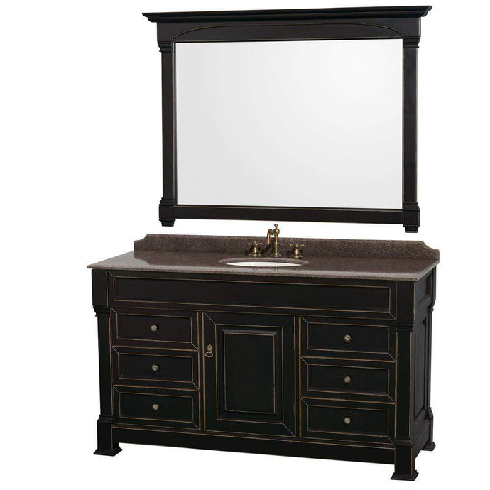 Wyndham Collection Vanity Wyndham Collection WCVTRAS60SBKIBUNOM56 Andover 60 Inch Single Bathroom Vanity in Black, Imperial Brown Granite Countertop, Undermount Oval Sink, and 56 Inch Mirror