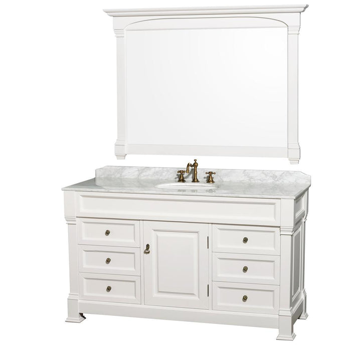 Wyndham Collection Vanity Wyndham Collection WCVTRAS60SWHCMUNDM56 Andover 60 Inch Single Bathroom Vanity in White with White Carrara Marble Countertop, Undermount Oval Sink, and 56 Inch Mirror