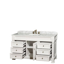 Load image into Gallery viewer, Wyndham Collection Vanity Wyndham Collection WCVTRAS60SWHCMUNOMXX Andover 60 Inch Single Bathroom Vanity in White, White Carrara Marble Countertop, Undermount Oval Sink, and No Mirror
