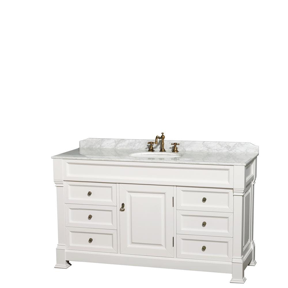 Wyndham Collection Vanity Wyndham Collection WCVTRAS60SWHCMUNOMXX Andover 60 Inch Single Bathroom Vanity in White, White Carrara Marble Countertop, Undermount Oval Sink, and No Mirror