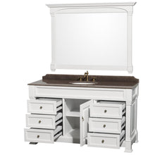Load image into Gallery viewer, Wyndham Collection Vanity Wyndham Collection WCVTRAS60SWHIBUNOM56 Andover 60 Inch Single Bathroom Vanity in White, Imperial Brown Granite Countertop, Undermount Oval Sink, and 56 Inch Mirror