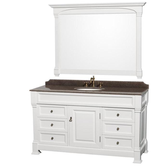 Wyndham Collection Vanity Wyndham Collection WCVTRAS60SWHIBUNOM56 Andover 60 Inch Single Bathroom Vanity in White, Imperial Brown Granite Countertop, Undermount Oval Sink, and 56 Inch Mirror