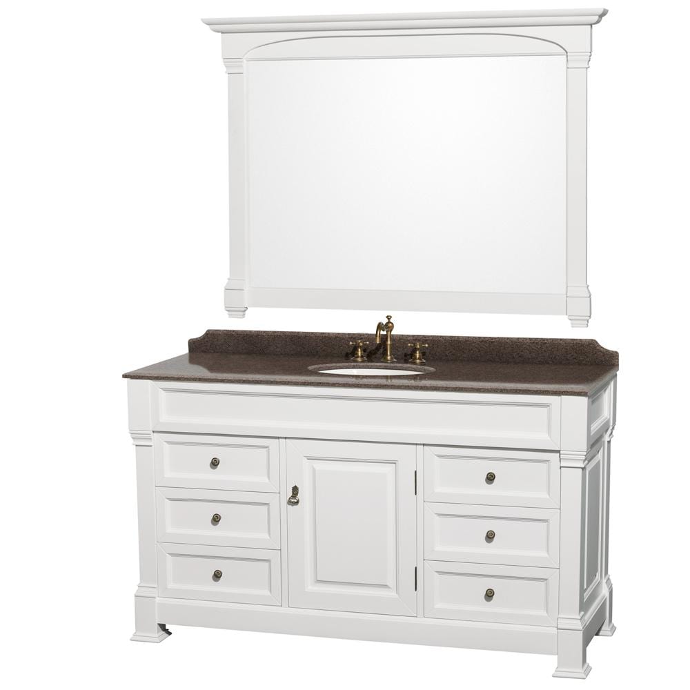Wyndham Collection Vanity Wyndham Collection WCVTRAS60SWHIBUNOM56 Andover 60 Inch Single Bathroom Vanity in White, Imperial Brown Granite Countertop, Undermount Oval Sink, and 56 Inch Mirror