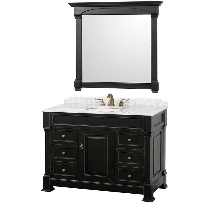 Wyndham Collection Vanity Wyndham Collection WCVTS48BLCW Andover 48 Inch Single Bathroom Vanity in Black, White Carrara Marble Countertop, Undermount Oval Sink, and 44 Inch Mirror