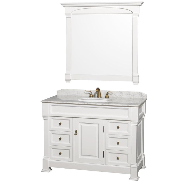 Wyndham Collection Vanity Wyndham Collection WCVTS48WHCW Andover 48 Inch Single Bathroom Vanity in White, White Carrara Marble Countertop, Undermount Oval Sink, and 44 Inch Mirror