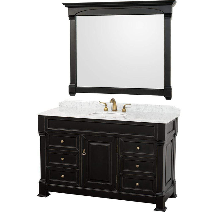 Wyndham Collection Vanity Wyndham Collection WCVTS55BLCW Andover 55 Inch Single Bathroom Vanity in Black, White Carrara Marble Countertop, Undermount Oval Sink, and 50 Inch Mirror