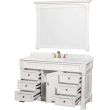 Load image into Gallery viewer, Wyndham Collection Vanity Wyndham Collection WCVTS55WHCW Andover 55 Inch Single Bathroom Vanity in White, White Carrara Marble Countertop, Undermount Oval Sink, and 50 Inch Mirror