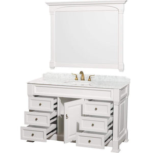 Wyndham Collection Vanity Wyndham Collection WCVTS55WHCW Andover 55 Inch Single Bathroom Vanity in White, White Carrara Marble Countertop, Undermount Oval Sink, and 50 Inch Mirror