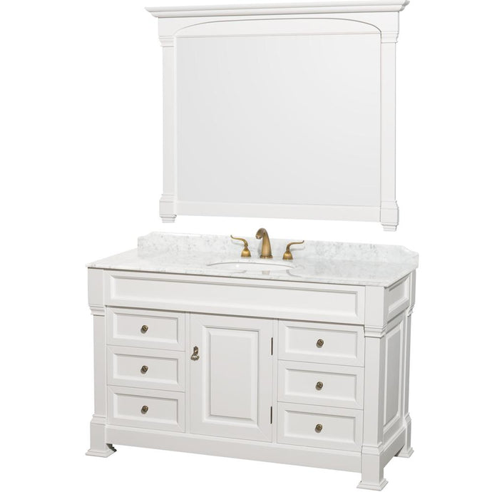 Wyndham Collection Vanity Wyndham Collection WCVTS55WHCW Andover 55 Inch Single Bathroom Vanity in White, White Carrara Marble Countertop, Undermount Oval Sink, and 50 Inch Mirror